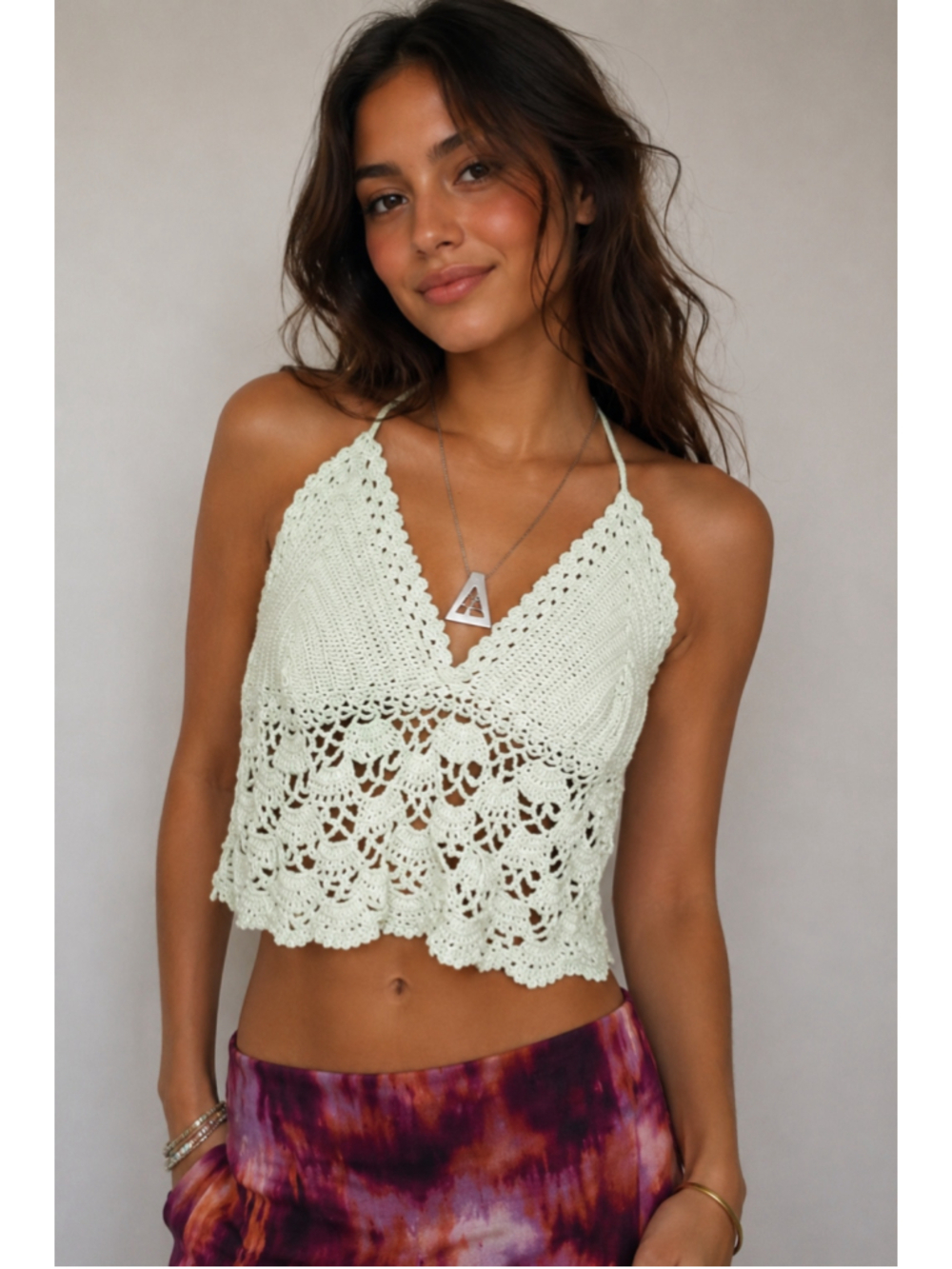 Handmade Crochet Halter Crop Top Mint Green Boho Pineapple Lace Size L